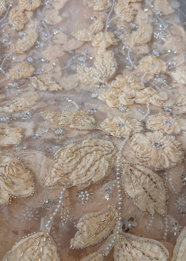 Heavy Fluffy Light Beige Beaded Lace