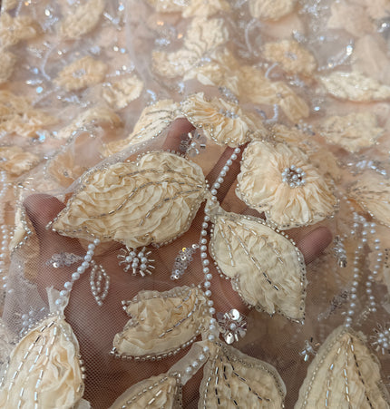 Heavy Fluffy Light Beige Beaded Lace
