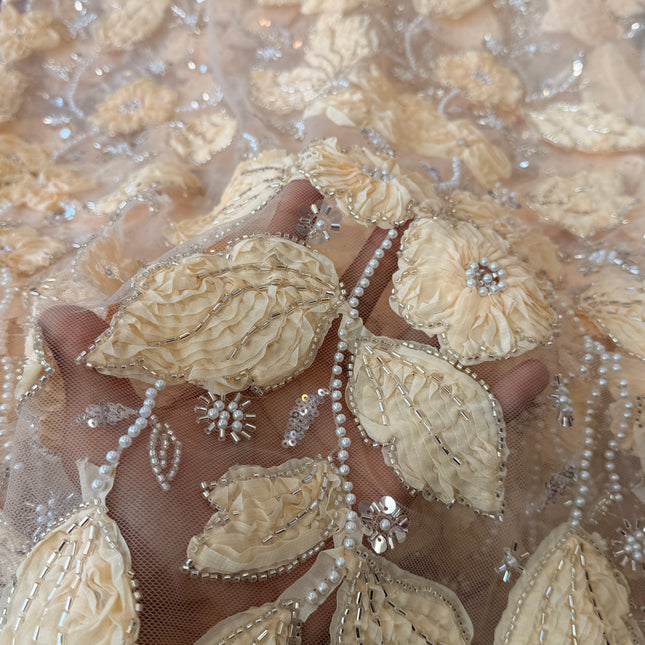 Heavy Fluffy Light Beige Beaded Lace