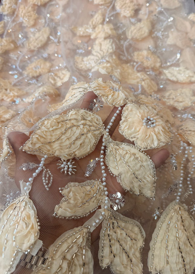 Heavy Fluffy Light Beige Beaded Lace