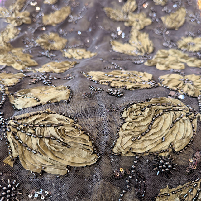 Heavy Fluffy Black & Olive Green Beaded Lace