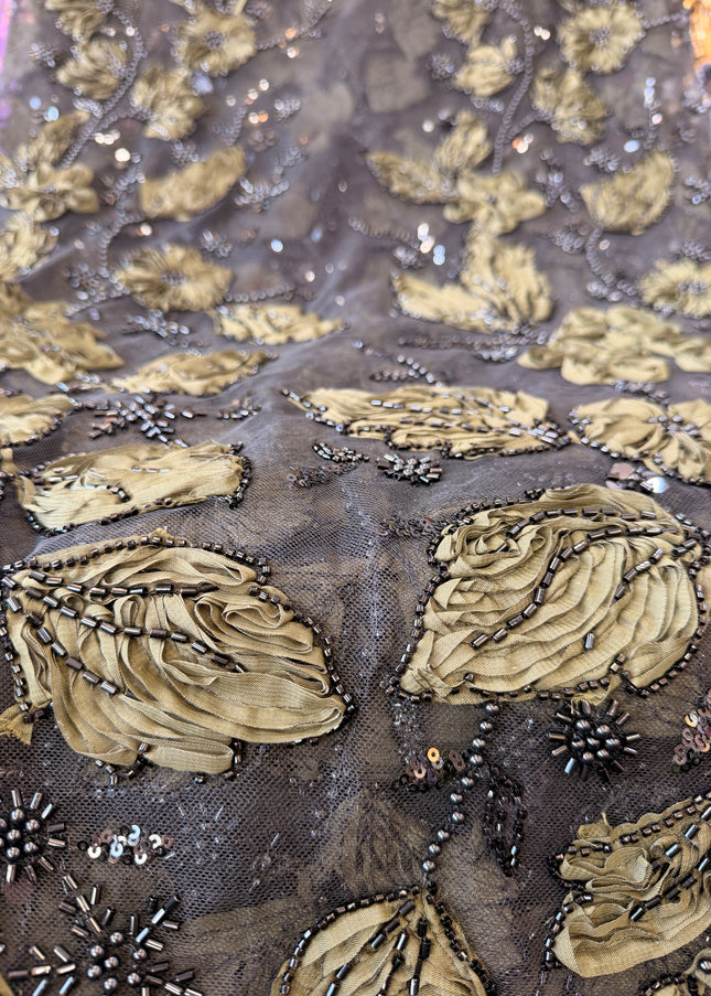 Heavy Fluffy Black & Olive Green Beaded Lace