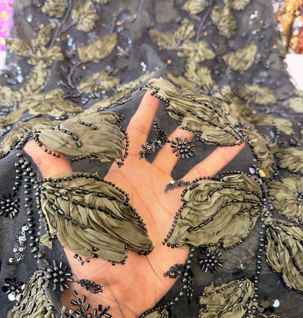Heavy Fluffy Black & Olive Green Beaded Lace