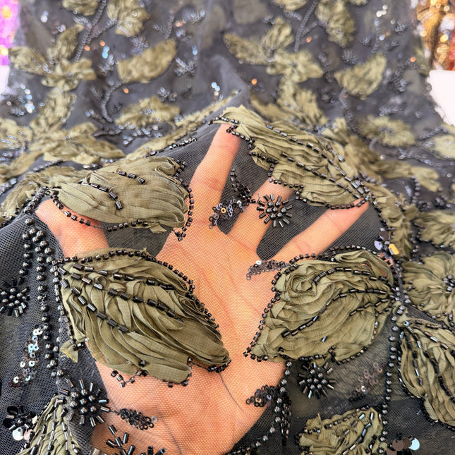 Heavy Fluffy Black & Olive Green Beaded Lace