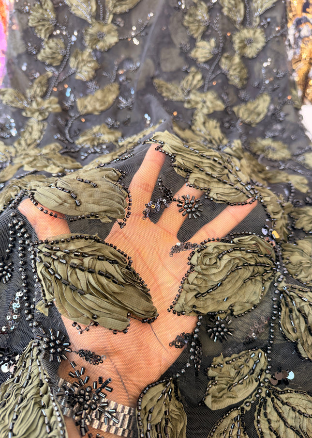 Heavy Fluffy Black & Olive Green Beaded Lace