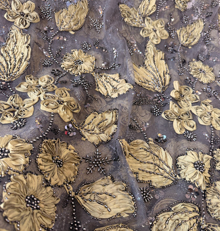 Heavy Fluffy Black & Olive Green Beaded Lace