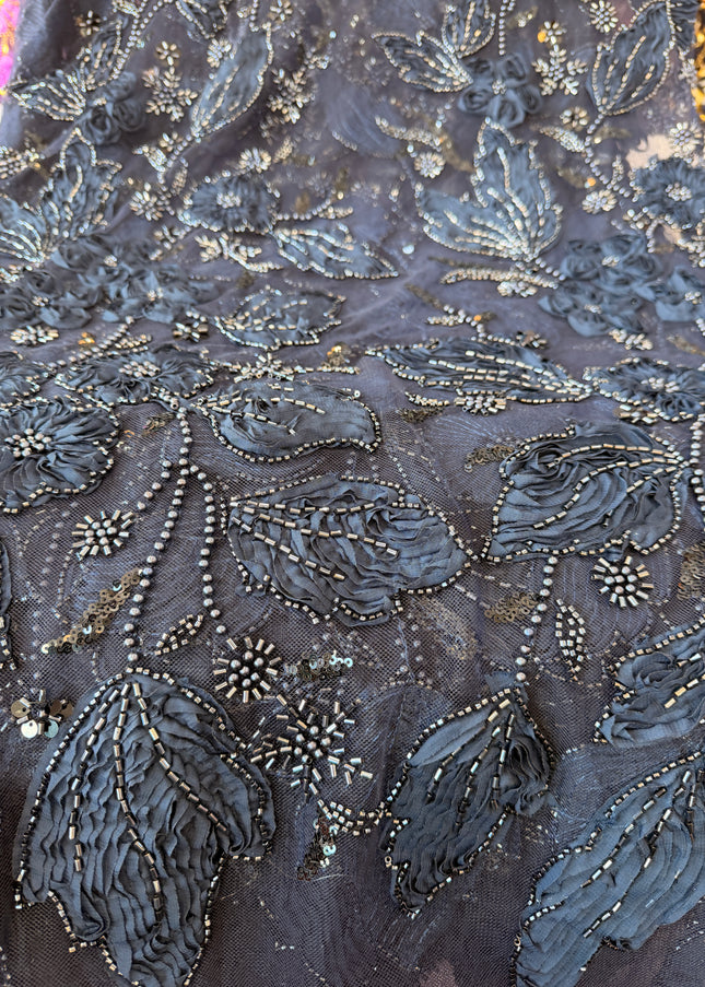 Heavy Fluffy Navy Blue Beaded Lace