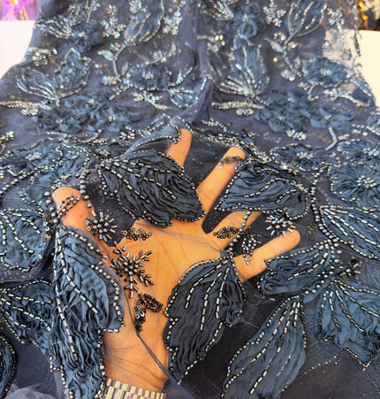 Heavy Fluffy Navy Blue Beaded Lace
