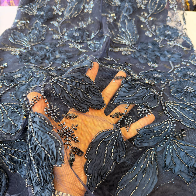 Heavy Fluffy Navy Blue Beaded Lace