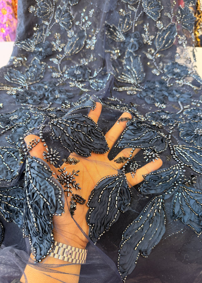 Heavy Fluffy Navy Blue Beaded Lace