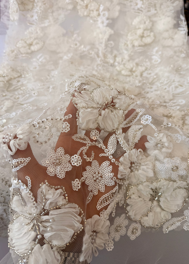 Heavy Fluffy White Beaded Lace