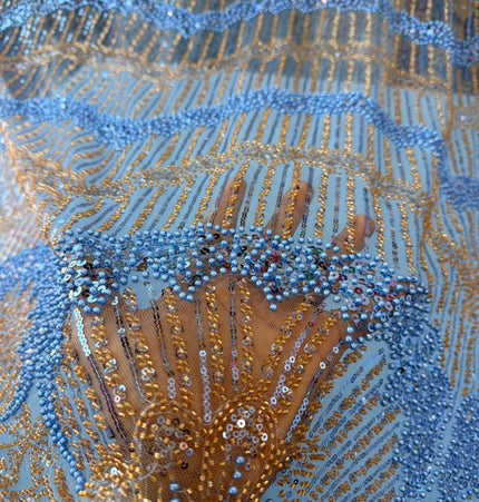 Stunning Light Blue Beaded Lace / Metre