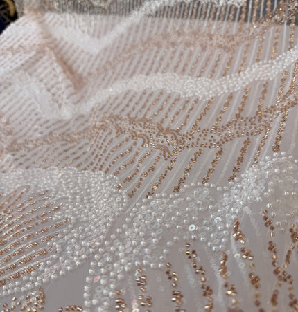 Stunning White with Rose Gold Beaded Lace / Metre