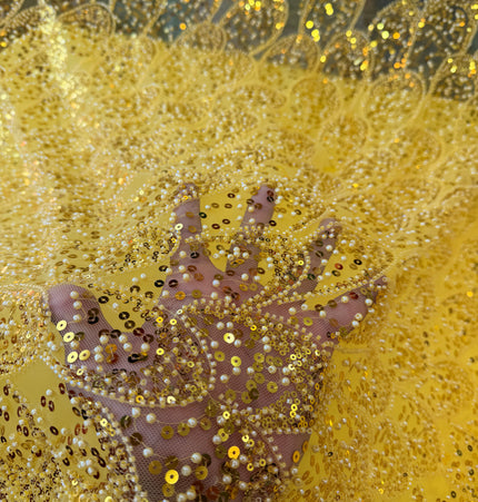 Stunning Yellow Beaded Lace / Metre