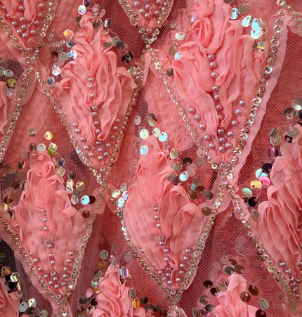 Heavy Fluffy Salmon Pink Beaded Lace