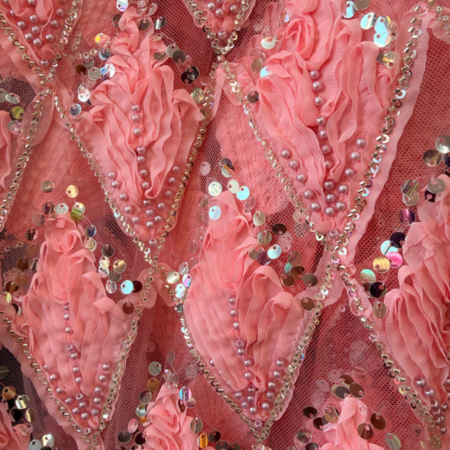 Heavy Fluffy Salmon Pink Beaded Lace