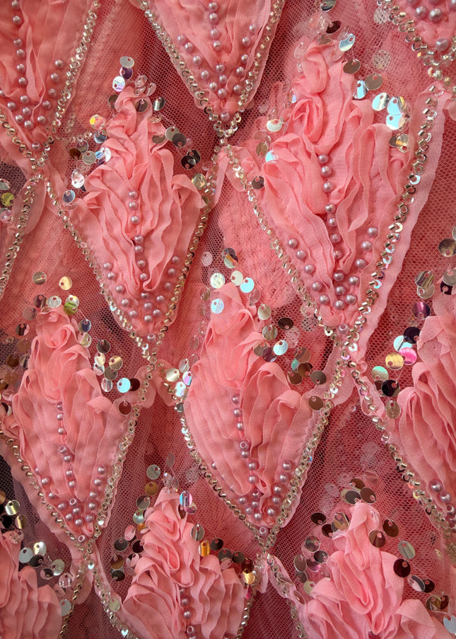 Heavy Fluffy Salmon Pink Beaded Lace