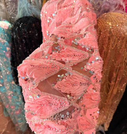 Heavy Fluffy Salmon Pink Beaded Lace