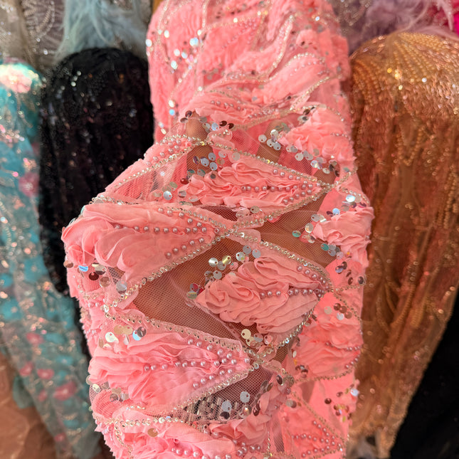 Heavy Fluffy Salmon Pink Beaded Lace