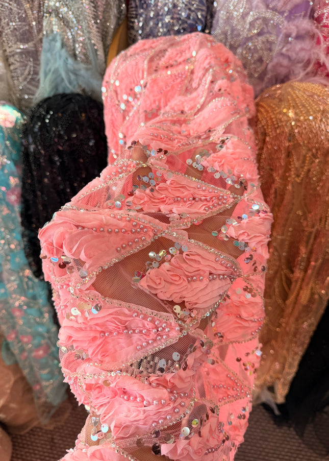Heavy Fluffy Salmon Pink Beaded Lace