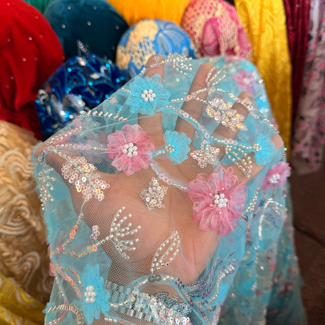 Heavy Fluffy Electric Blue Beaded Lace