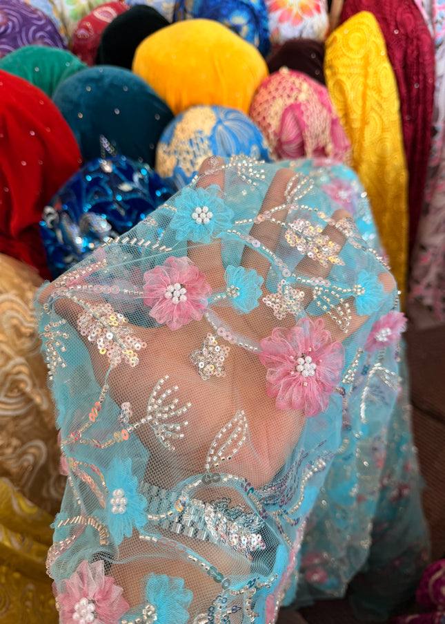 Heavy Fluffy Electric Blue Beaded Lace