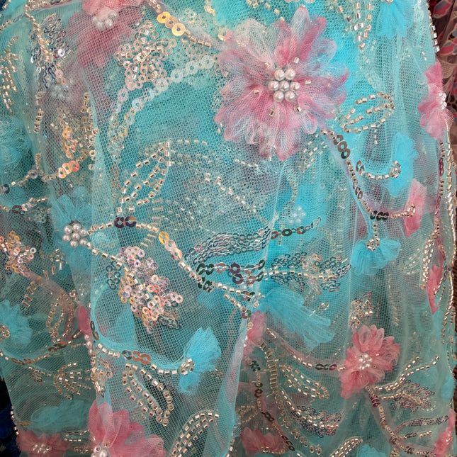 Heavy Fluffy Electric Blue Beaded Lace