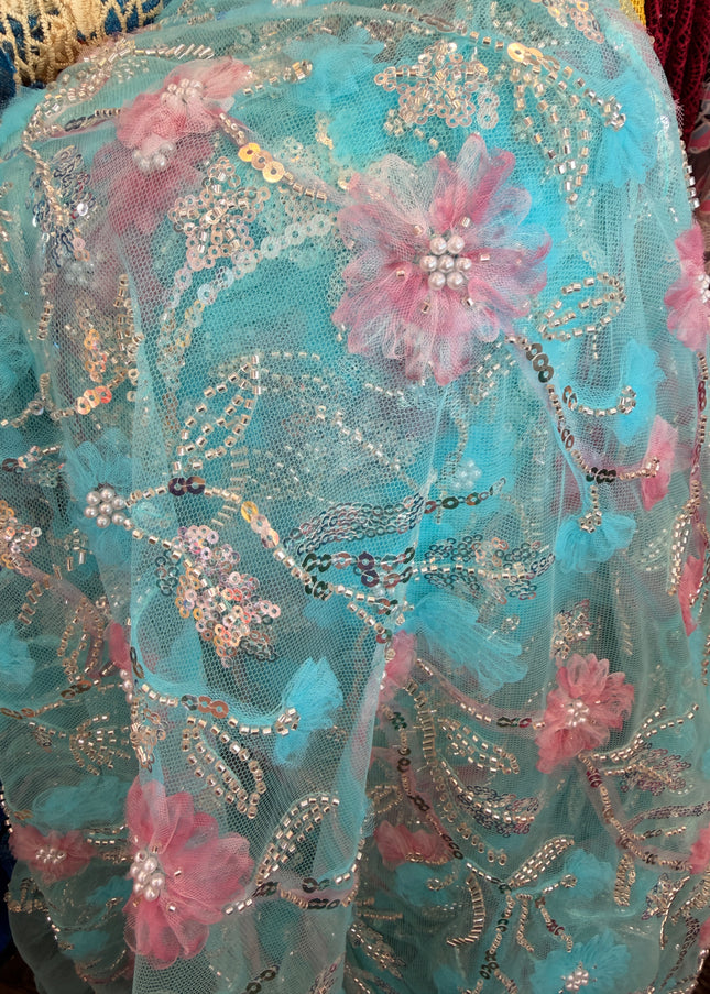 Heavy Fluffy Electric Blue Beaded Lace