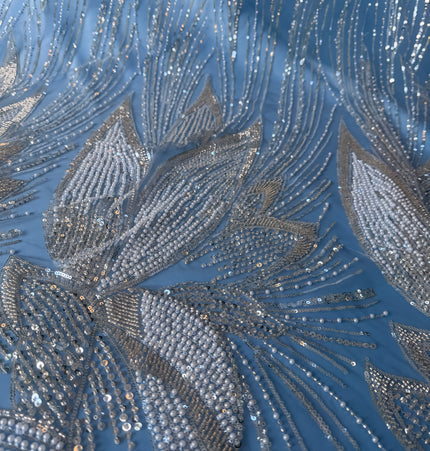 Gorgeous Light Blue Beaded Lace / Metre