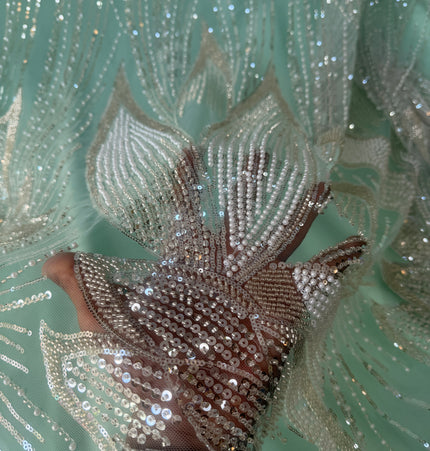 Gorgeous Light Mint Green Beaded Lace / Metre