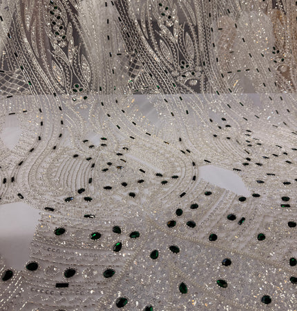White Beaded Lace with Green Diamonds Design / Metre