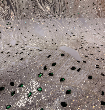 White Beaded Lace with Green Diamonds Design / Metre