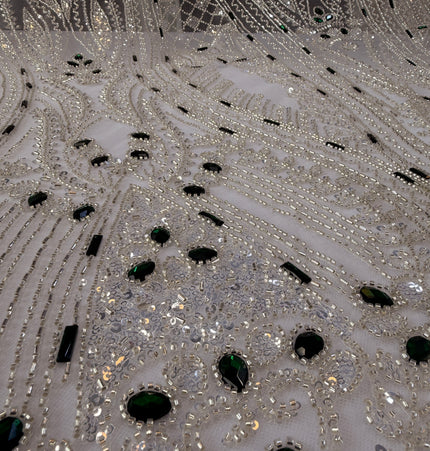 White Beaded Lace with Green Diamonds Design / Metre