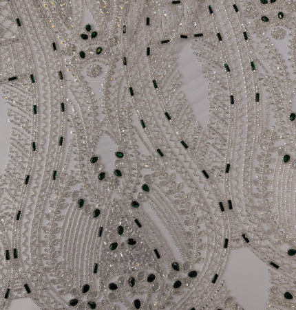 White Beaded Lace with Green Diamonds Design / Metre