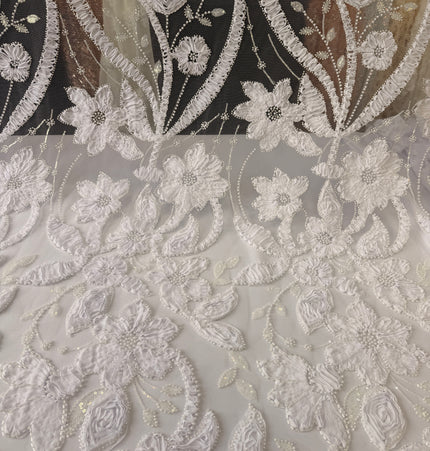 Heavy Fluffy 3D White Beaded Lace
