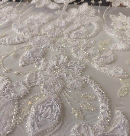 Heavy Fluffy 3D White Beaded Lace