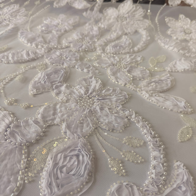 Heavy Fluffy 3D White Beaded Lace