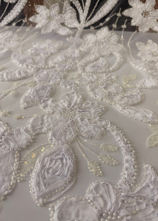 Heavy Fluffy 3D White Beaded Lace