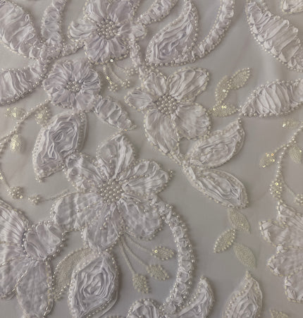Heavy Fluffy 3D White Beaded Lace