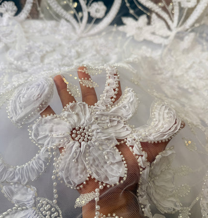 Heavy Fluffy 3D White Beaded Lace