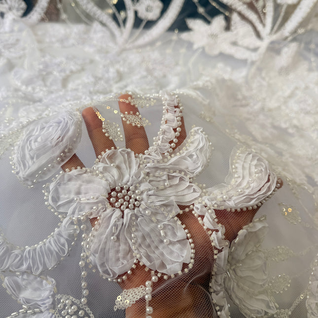 Heavy Fluffy 3D White Beaded Lace