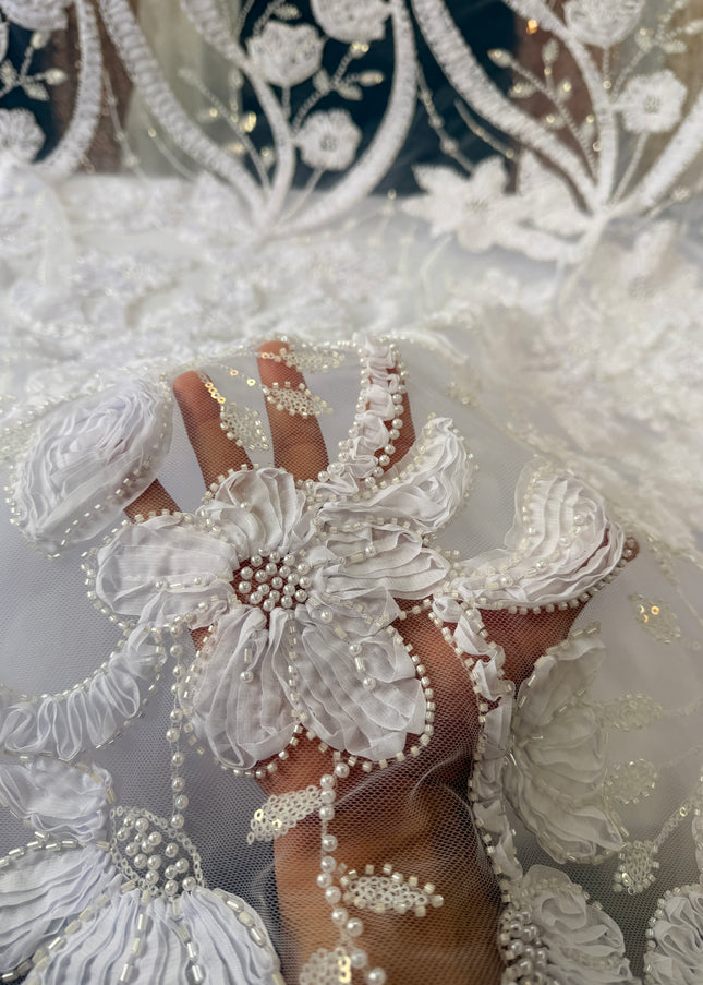 Heavy Fluffy 3D White Beaded Lace