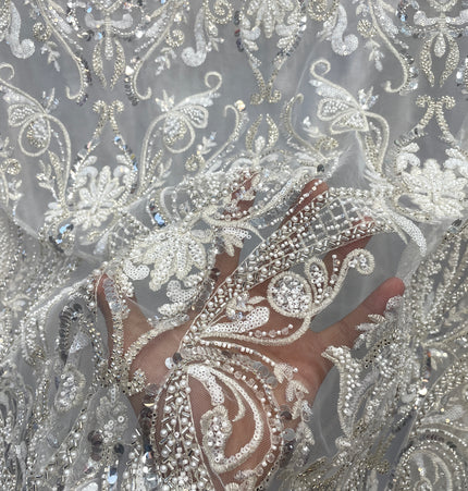 Prestige Pearl / Beaded Lace - White - 1 Yard