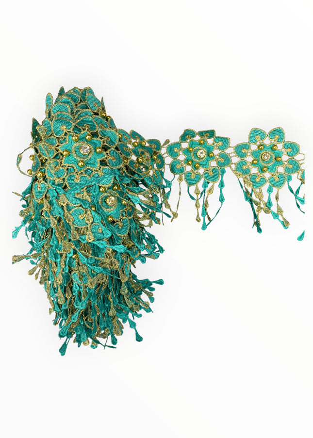 Floral Lace Trimmings - Teal Green / Gold