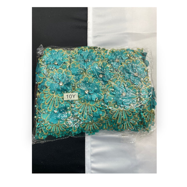 Floral Lace Trimmings Pack - Teal Blue / Gold