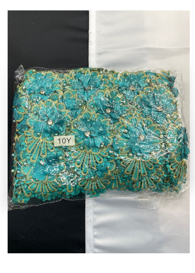 Floral Lace Trimmings Pack - Teal Blue / Gold