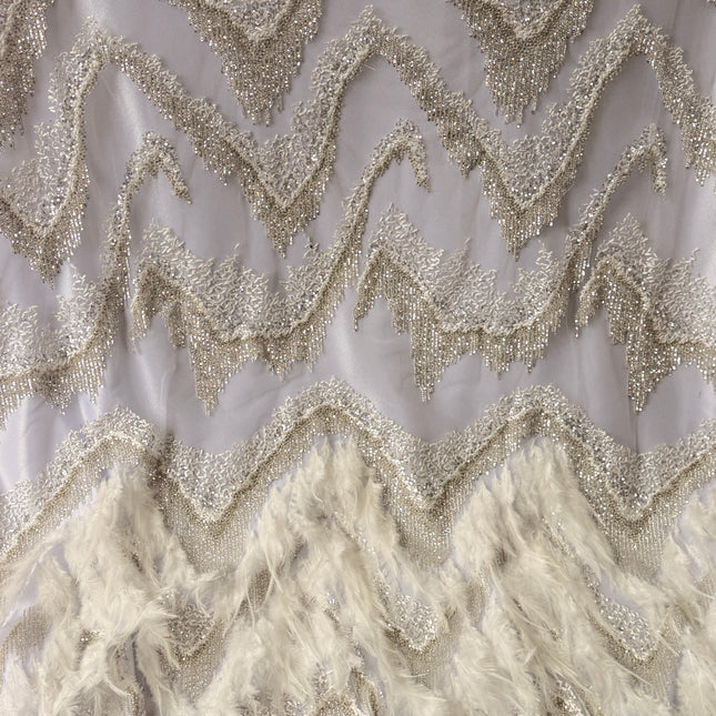 Ivory Beaded with White Feathers Lace / Metre