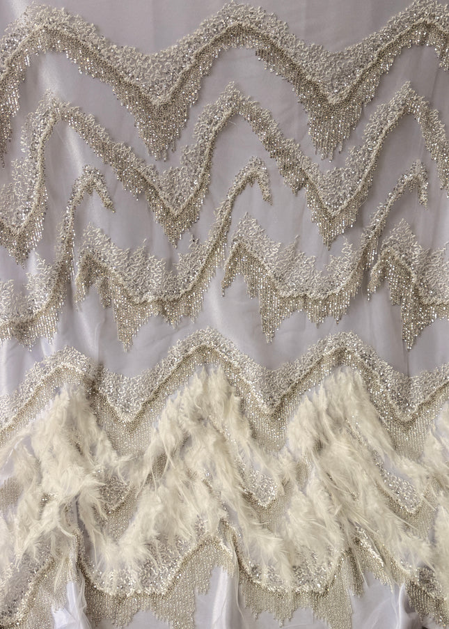 Ivory Beaded with White Feathers Lace / Metre