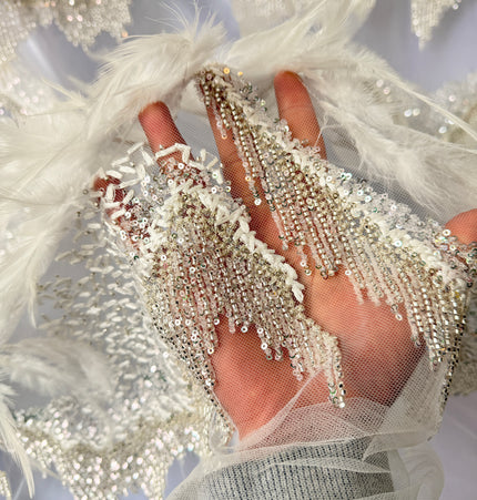 Ivory Beaded with White Feathers Lace / Metre