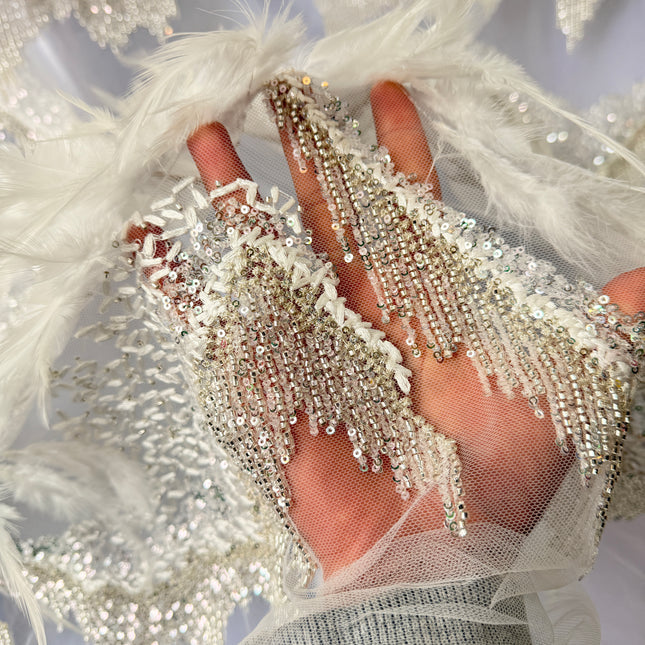 Ivory Beaded with White Feathers Lace / Metre